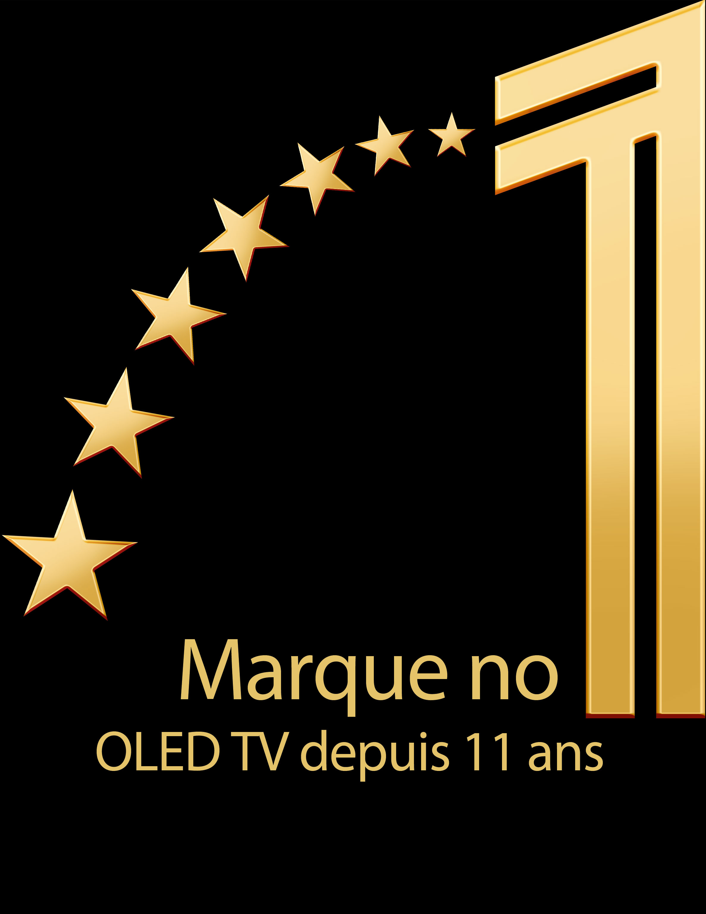Un emblème doré représentant le numéro 1 mondial des téléviseurs OLED depuis 11 ans sur fond noir. Un projecteur brille sur l'emblème, et des étoiles abstraites dorées remplissent le ciel par dessus.  
