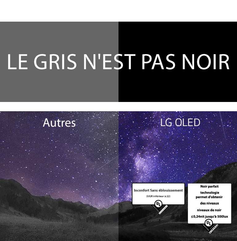The Milky Way fills the night sky above a canyon scene. Above the image, "gray is not black" is written in white block capitals against a black backdrop. The screen is split into two sides and marked "Others" and "LG OLED." The other side is noticeably dimmer and lower in contrast, whereas the LG OLED side is bright with high contrast. The LG OLED side also features Discomfort Glare Free and Perfect Black technology certifications.