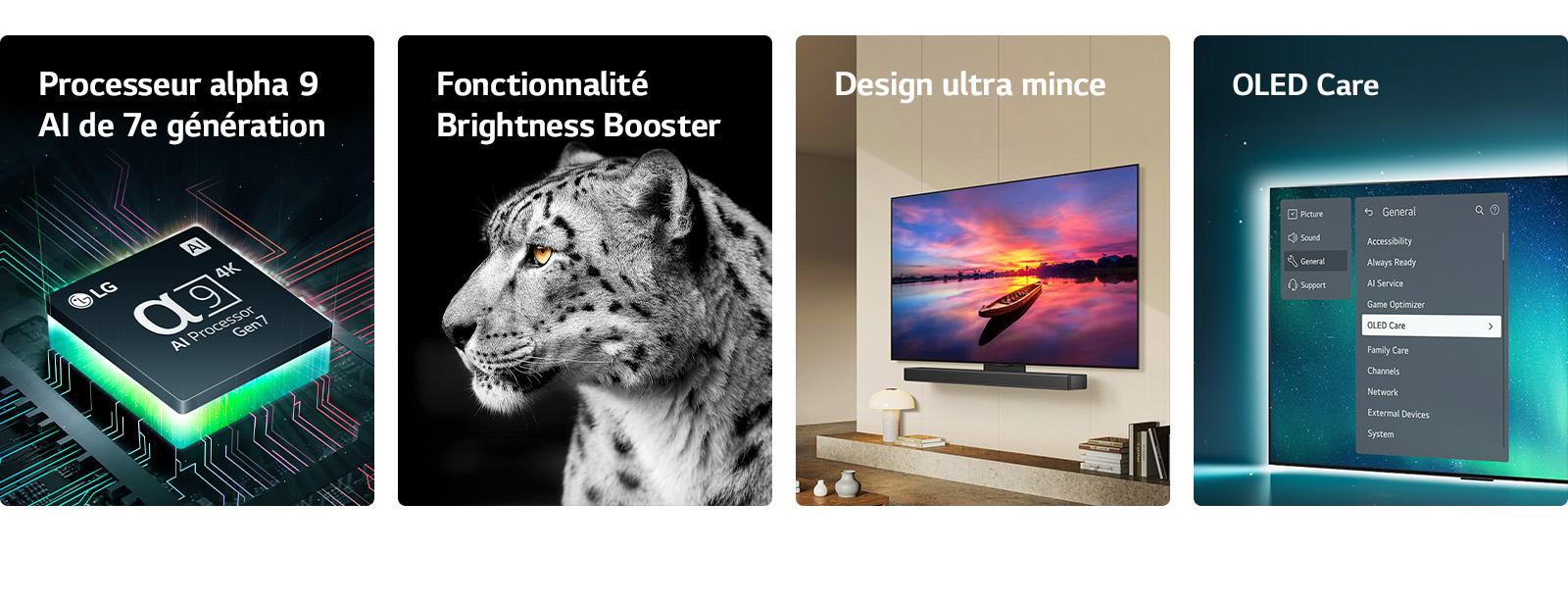 Un processeur IA alpha 9 Gen 7 de LG sur une carte mère, émettant des éclairs de lumière verte.Brightness Booster avec une image de la tête d’un léopard blanc.Un design Ultra fin et la barre de son LG positionnés plats contre le mur dans un salon moderne.