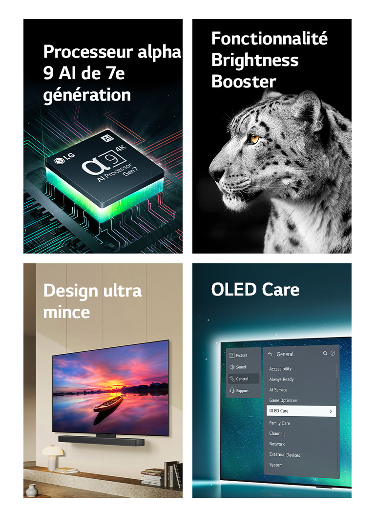 Un processeur IA alpha 9 Gen 7 de LG sur une carte mère, émettant des éclairs de lumière verte.Brightness Booster avec une image de la tête d’un léopard blanc.Un design Ultra fin et la barre de son LG positionnés plats contre le mur dans un salon moderne.