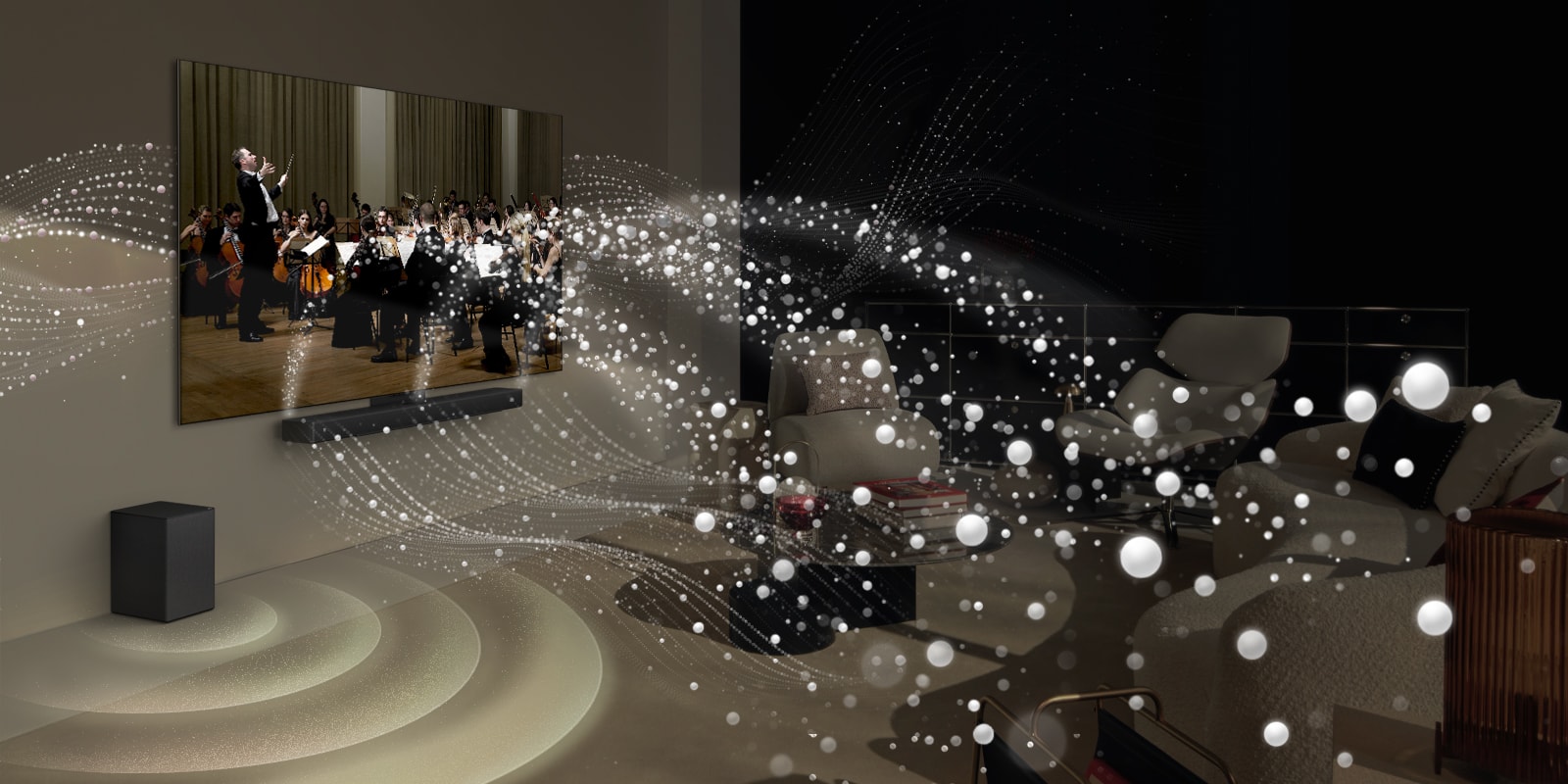 Téléviseur LG OLED TV et barre de son LG fixés au mur dans un salon, avec des graphiques de formes lumineuses tout autour de la pièce.