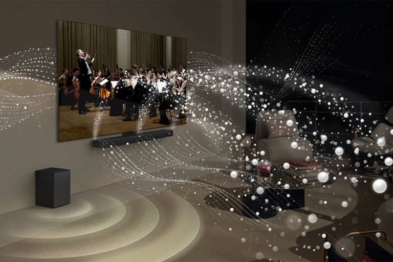 Téléviseur LG OLED TV et barre de son LG fixés au mur dans un salon, avec des graphiques de formes lumineuses tout autour de la pièce.