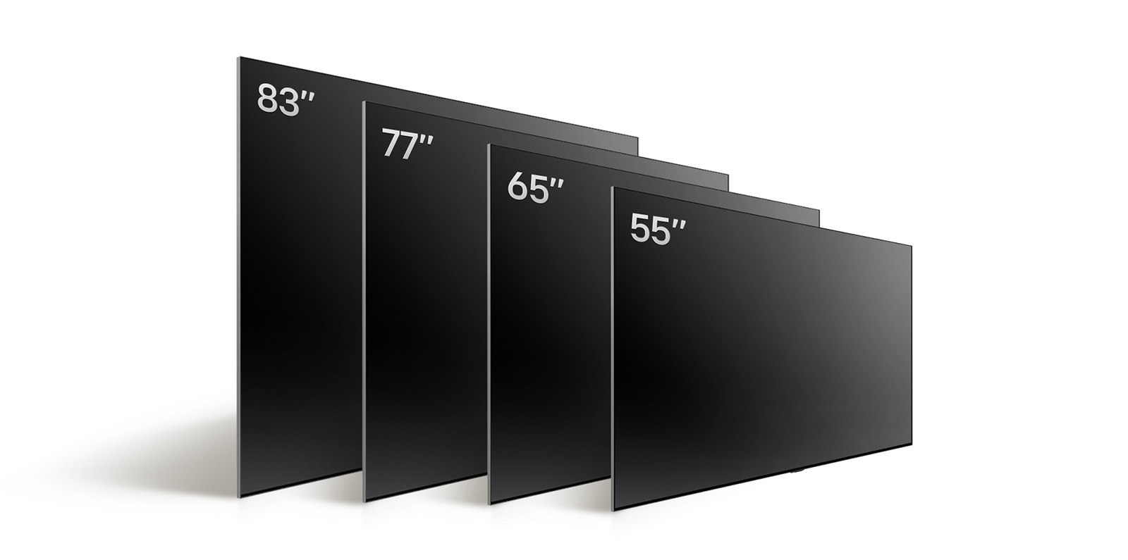 Comparaison des différentes tailles de LG OLED TV de type OLED C4, montrant l’OLED 55", l’OLED C4 65", l’OLED C4 77", et l’OLED C4 83".