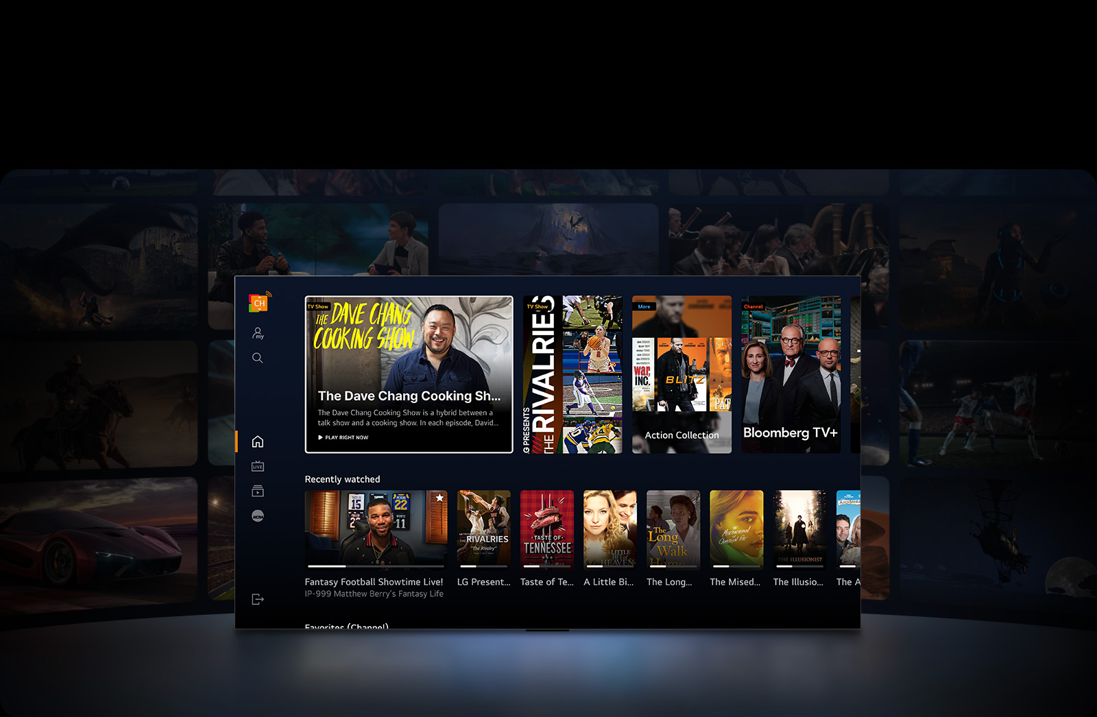 Un téléviseur LG au premier plan montrant une sélection de vignettes de films et séries télé. Les textes « Action Collection », « Bloomberg TV+ » et « Récemment regardé » figurent dans l’image. L’espace devant le téléviseur est légèrement illuminé, comme si la lumière provenait du téléviseur. Derrière le téléviseur, dans l’obscurité, se trouvent d’autres vignettes de films et d’émissions de télévision.