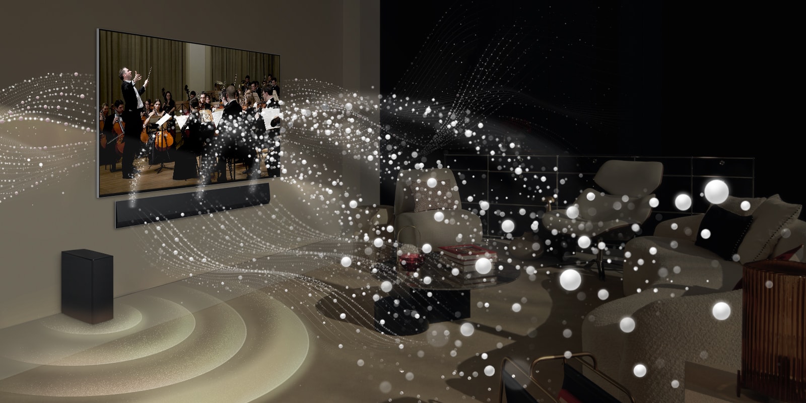 Téléviseur LG OLED TV et barre de son LG fixés au mur dans un salon, avec des graphiques de formes lumineuses tout autour de la pièce.