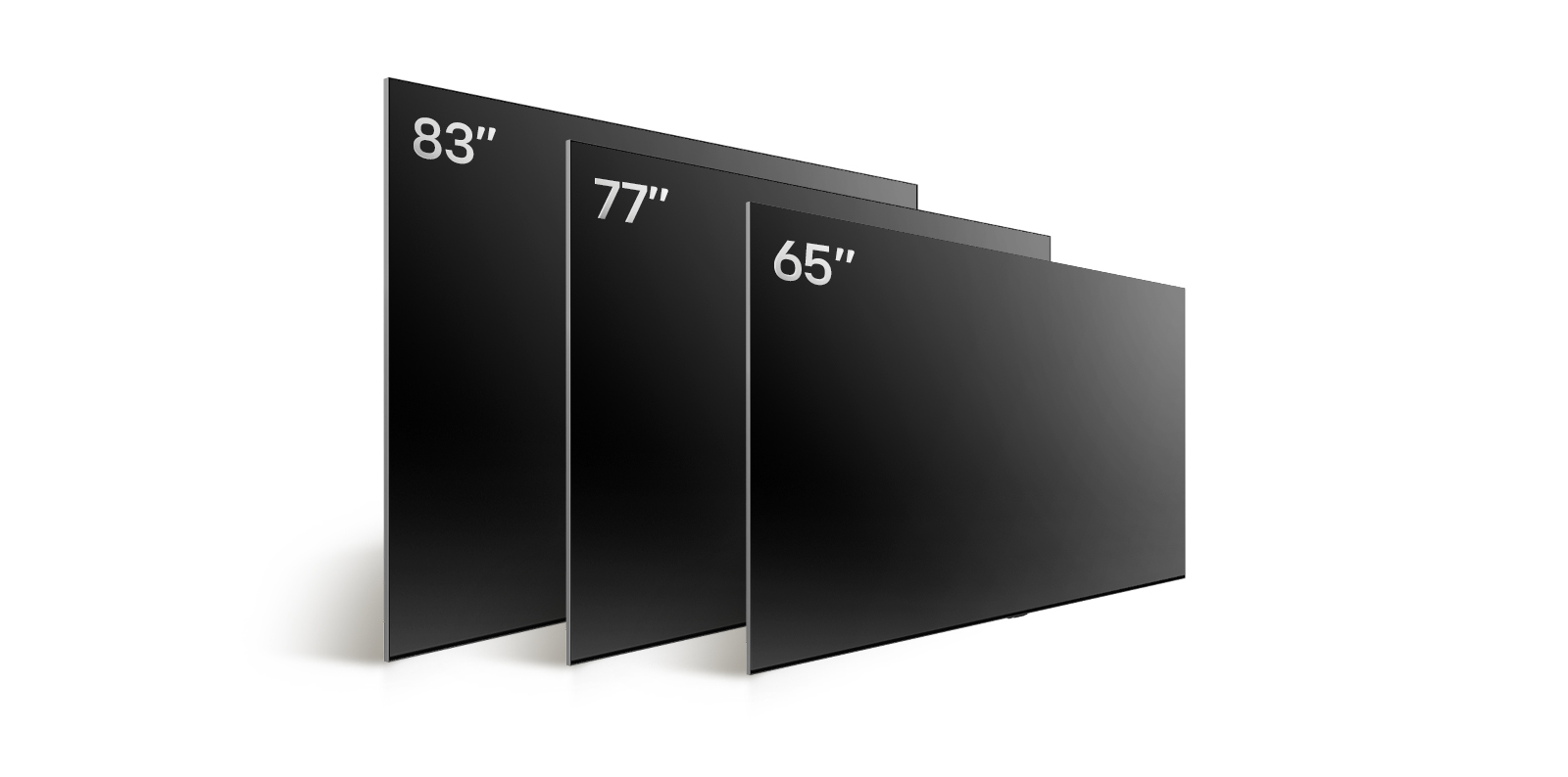 Comparaison des différentes tailles des téléviseurs LG OLED TV de type OLED G4, montrant l’OLED G4 65 pouces, l’OLED G4 77 pouces et l’OLED G4 83 pouces.
