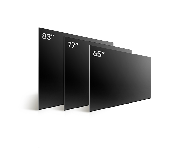 Comparaison des différentes tailles des téléviseurs LG OLED TV de type OLED G4, montrant l’OLED G4 65 pouces, l’OLED G4 77 pouces et l’OLED G4 83 pouces.