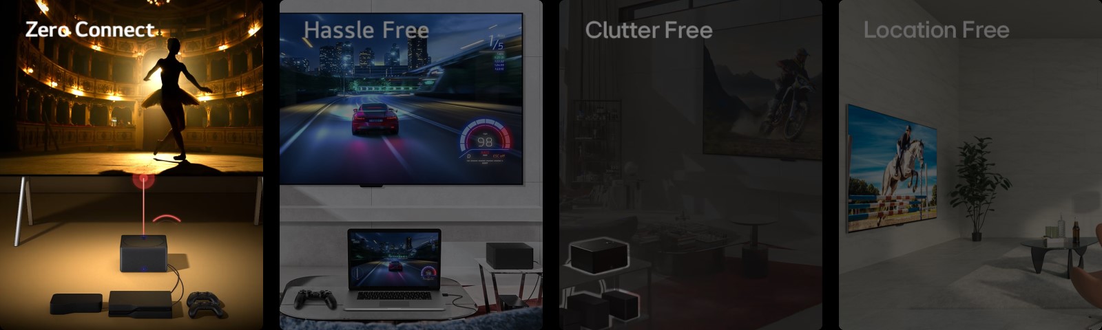 Quatre images sont affichées. La première montre un boîtier Zero Connect placé devant le LG SIGNATURE OLED M4 affichant un danseur dans un théâtre sur l'écran et les mots « Zero Connect » en haut à gauche. La deuxième montre un jeu de course automobile présenté à la fois sur le LG SIGNATURE OLED M4 accroché au mur et sur un ordinateur portable dans un salon, avec une boîtier Zero Connect sur le côté et les mots « Sans tracas » en haut à gauche. La troisième montre un boîtier Zero Connect avec plusieurs appareils en dessous mis en évidence dans une image sombre d'un salon et les mots « Sans encombrement » en haut à gauche. La quatrième montre le LG SIGNATURE OLED M4 dans une perspective inclinée sur un support dans un espace de vie et les mots « Sans contrainte de lieu » en haut à gauche.