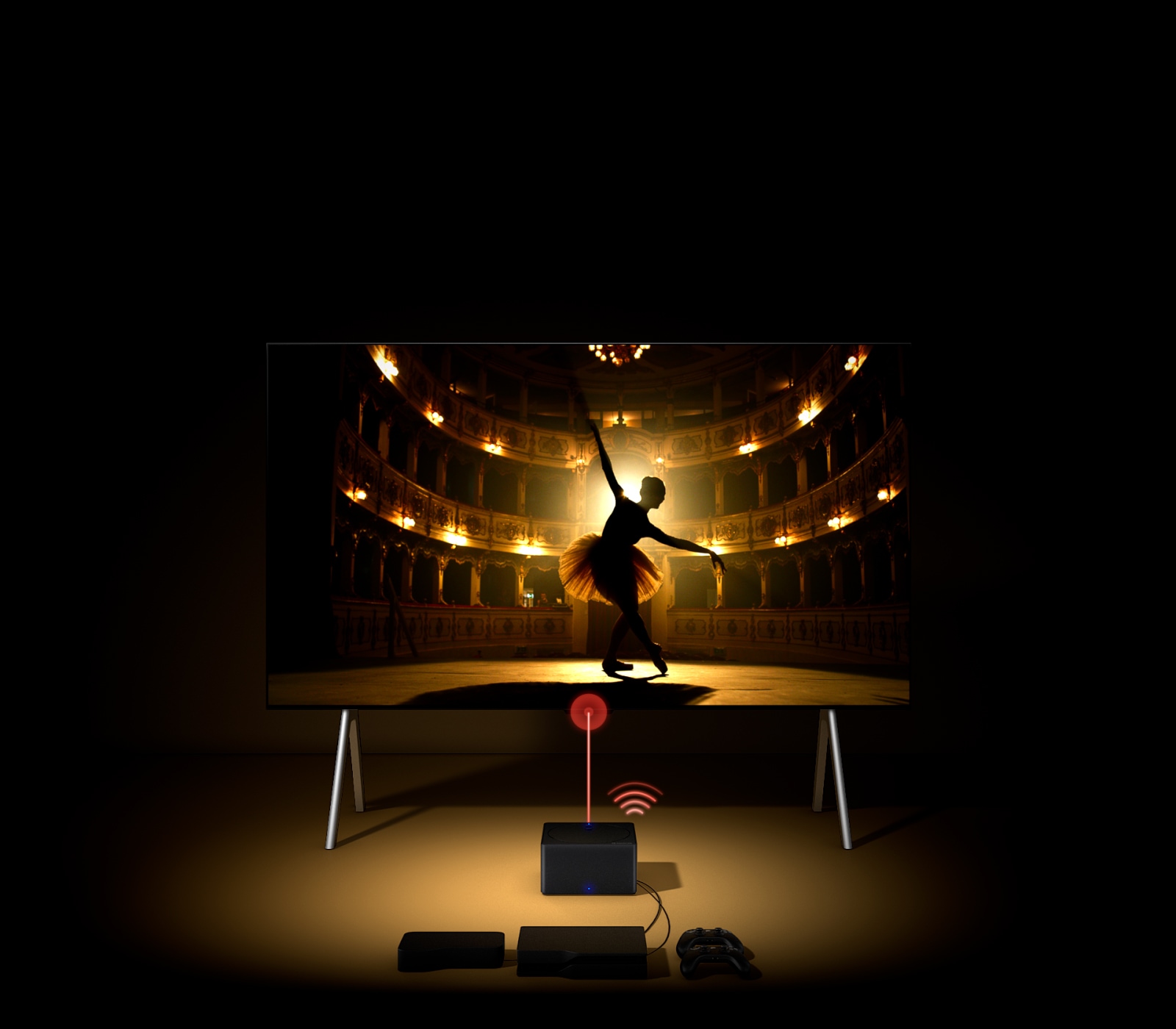 Le LG SIGNATURE OLED M4 vu d'un angle élevé dans un espace sombre éclairé par un projecteur, avec plusieurs consoles et appareils connectés à celui-ci par des fils qui semblent en désordre avant de disparaître. Le boîtier Zero Connect apparaît avec des appareils et des consoles soigneusement organisés derrière lui, un signal Wi-Fi rouge apparaît et un faisceau rouge émet vers le téléviseur tandis que la perspective descend pour montrer une vue complète du téléviseur.