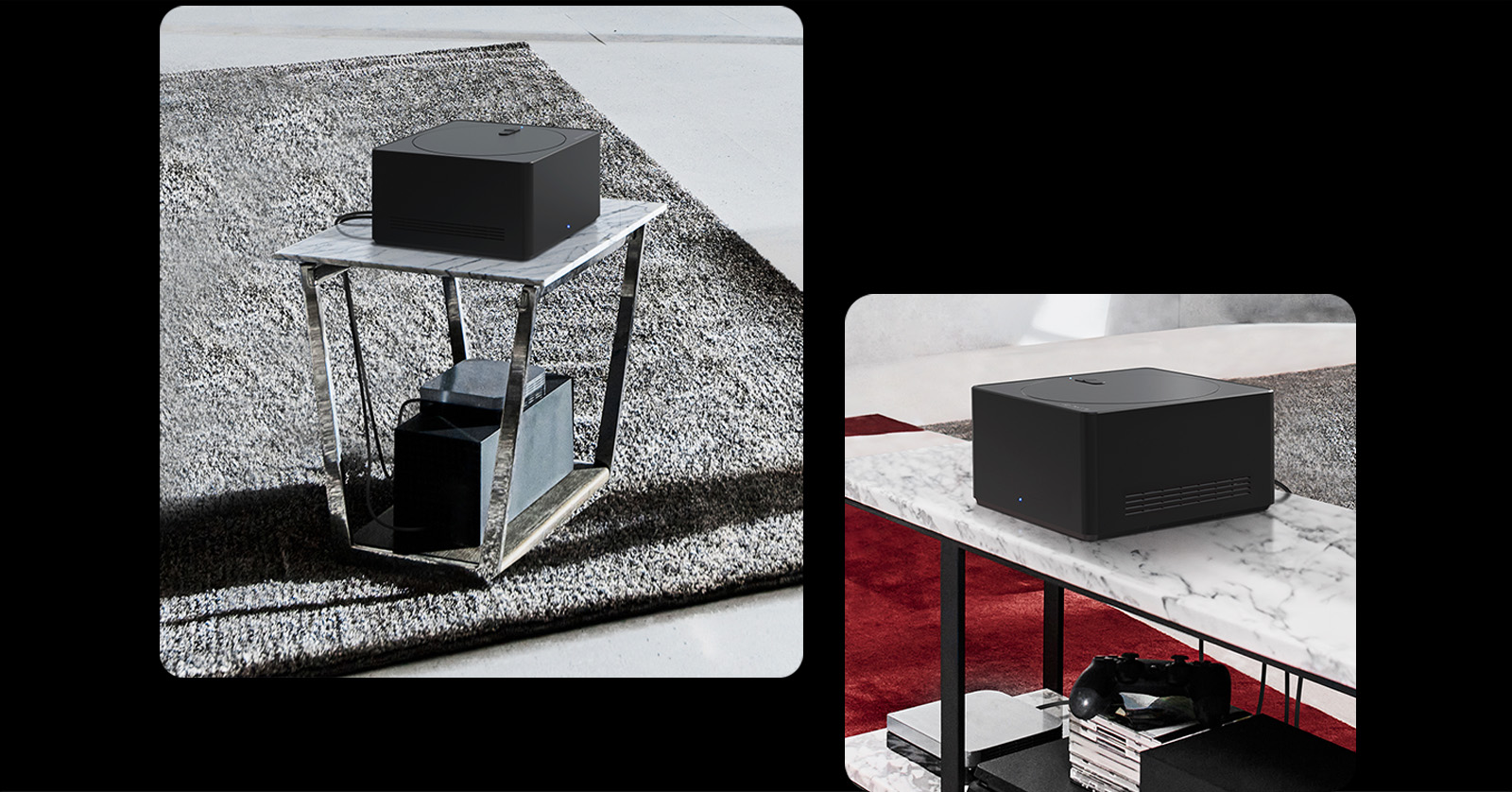 Trois images montrent un boîtier Zero Connect. La première montre un câble en train d’être branché sur le boîtier Zero Connect. La deuxième montre un boîtier Zero Connect au-dessus d’une petite table avec des appareils en dessous. La troisième montre un boîtier Zero Connect au-dessus d’une grande table avec des appareils et des consoles en dessous.