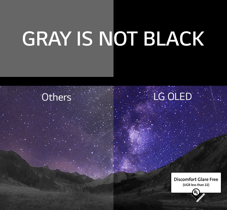 La Voie Lactée remplit le ciel nocturne au-dessus d'une scène de canyon. Au-dessus de l’image, « le gris n’est pas noir » est écrit en majuscules blanches sur fond noir. L'écran est divisé en deux parties et affiche « Autres » et « LG OLED ». L’autre côté est nettement plus sombre et moins contrasté, tandis que le côté LG OLED est lumineux avec un contraste élevé. Le côté LG OLED dispose également de la certification Discomfort Glare Free.