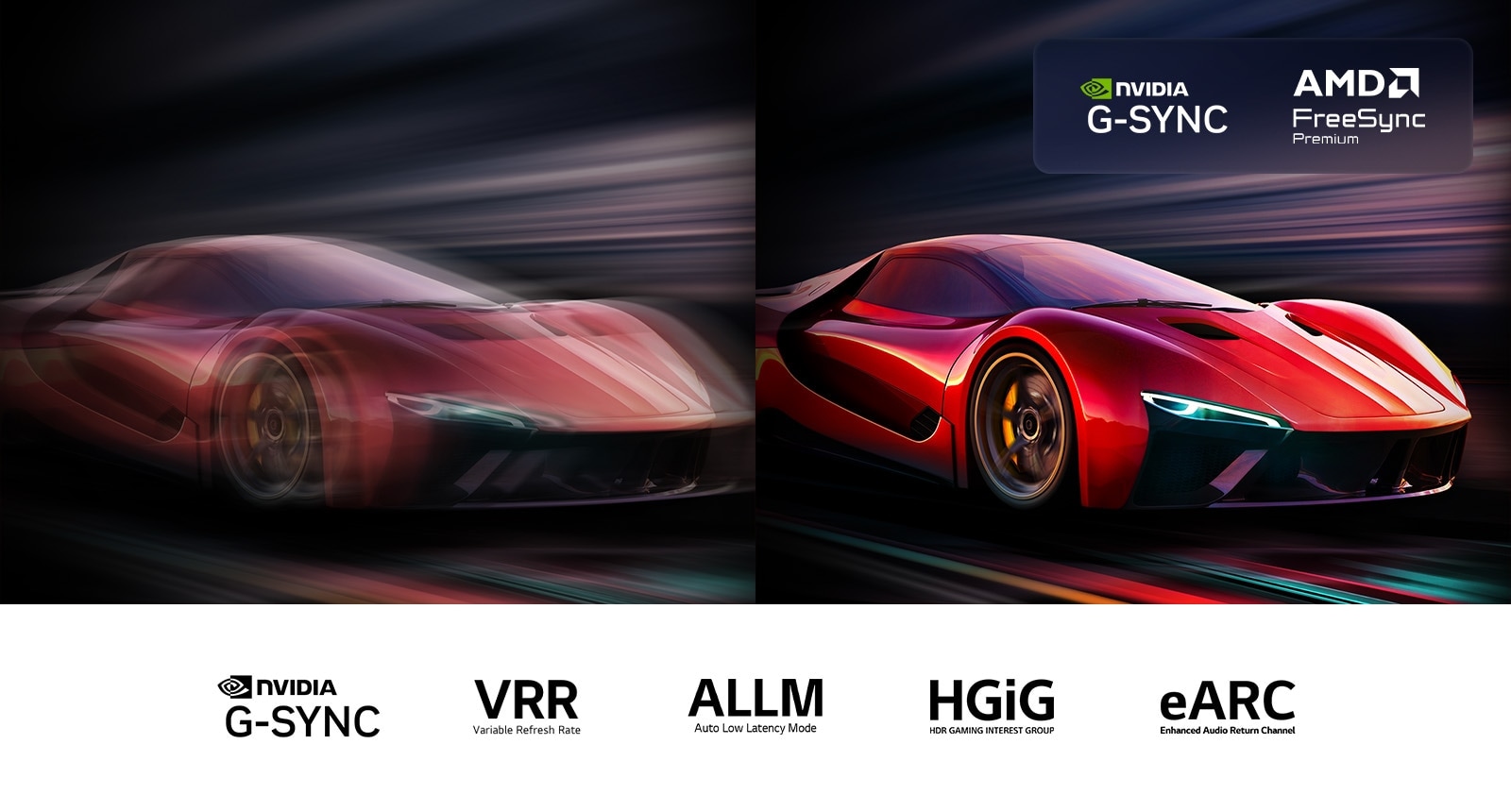 Deux images d’une voiture dans un jeu vidéo côte à côte. Une image affiche beaucoup de flou de mouvement. L’autre est nette, avec une parfaite mise au point, présentant la fréquence d’images élevée de la LG OLED TV. Le logo Nvidia G-Sync, AMD FreeSync Premium et d’autres certifications liées au jeu sont visibles. 