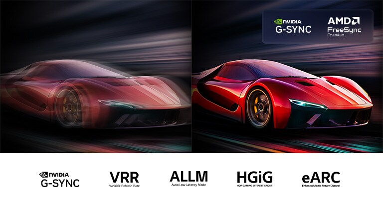 Deux images d’une voiture dans un jeu vidéo côte à côte. Une image affiche beaucoup de flou de mouvement. L’autre est nette, avec une parfaite mise au point, présentant la fréquence d’images élevée de la LG OLED TV. Le logo Nvidia G-Sync, AMD FreeSync Premium et d’autres certifications liées au jeu sont visibles. 