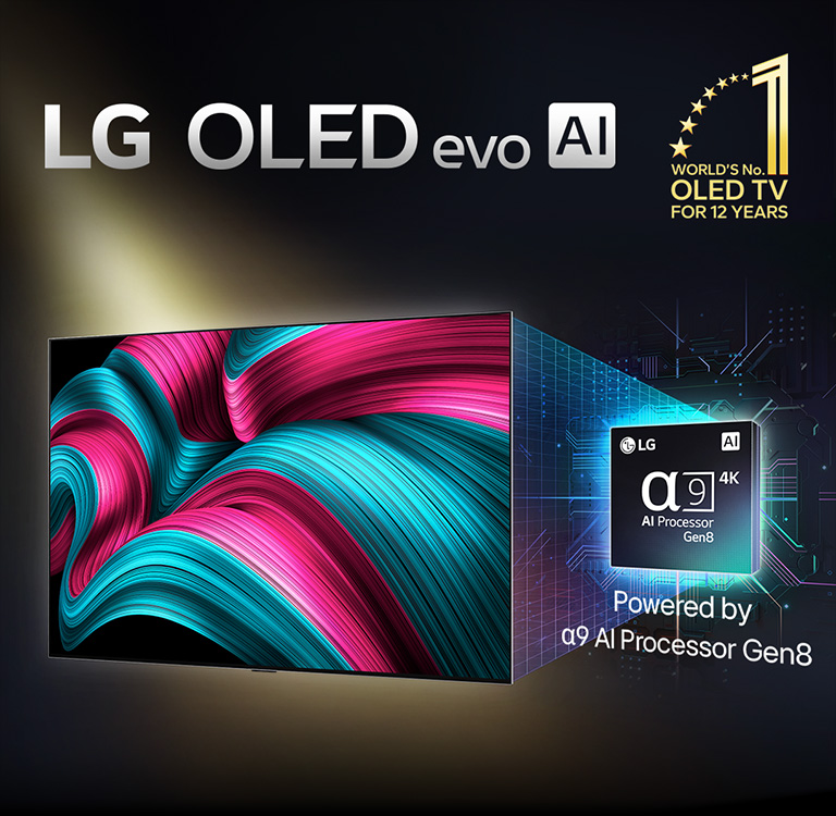 Sur l’écran d’une TV LG OLED evo AI se trouve une image abstraite aux détails, couleurs et contrastes impressionnants. Une version agrandie du processeur alpha 9 AI de 8ème génération se trouve derrière la TV. Sa lumière brillante éclaire les circuits de micropuce qui l’entourent. Le titre dit LG OLED evo AI. Le texte est également visible, alimenté par le processeur LG alpha 9 AI de 8ème génération. Un logo doré avec des étoiles dans le coin dit : l’OLED TV numéro un mondial depuis 12 ans. 