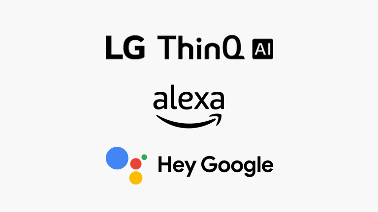 Cette carte décrit les commandes vocales. Les logos LG ThinQ AI, Hey Google et Amazon Alexa sont placés. 