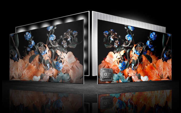 Il existe deux écrans de téléviseur – l’un à gauche et l’autre à droite. Les deux téléviseurs affichent les mêmes images d’un magnifique bouquet de fleurs colorées sur fond noir. L’image qui apparaît à gauche est un peu pâle alors que celle à droite est très vive. Le coin gauche en bas du téléviseur, sur l’image de droite, affiche une image de puce de processeur.
