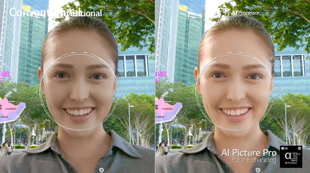 Un gros plan du visage d’une femme à gauche et à droite. À gauche, l’image du visage d’une femme semble plus sombre et moins claire tandis qu’à droite, l’image semble plus claire et plus nette. 