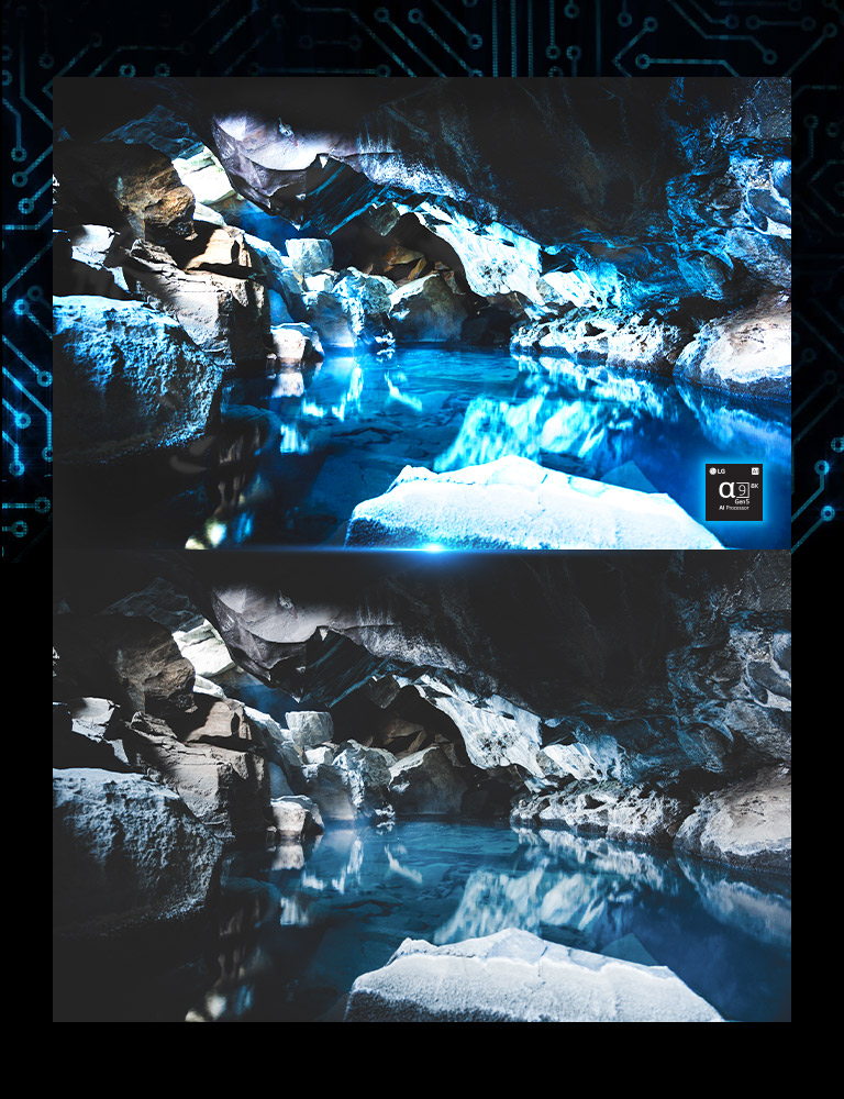 Le coin inférieur droit présente une image de l’intérieur d’une grotte bleue et sombre et une image de la puce du processeur. Il existe un même visuel de grotte bleu foncé juste en dessous mais en une version plus pâle. 