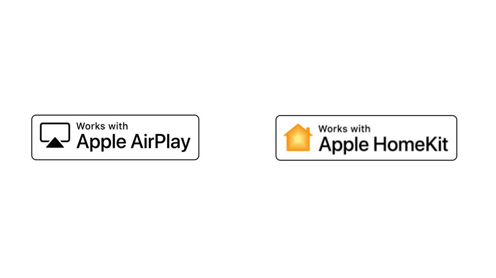 Quatre logos sont déplacés dans l’ordre suivant : Fonctionne avec Apple airplay, fonctionne avec Apple HomeKit. 