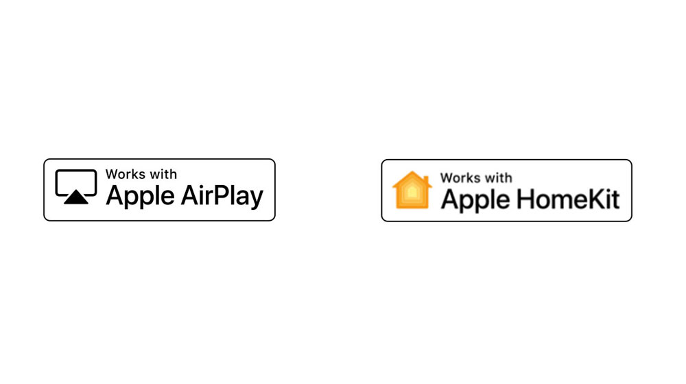 Quatre logos sont déplacés dans l’ordre suivant : Hey Google, Alexa intégré, fonctionne avec Apple airplay, fonctionne avec Apple HomeKit. 