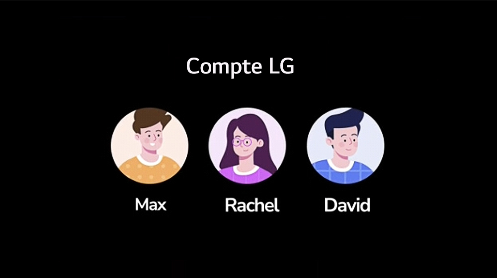 On distingue des pictogrammes de trois utilisateurs sur le compte de LG, les noms affichés sous chaque visage sont Max, Rachel et David.