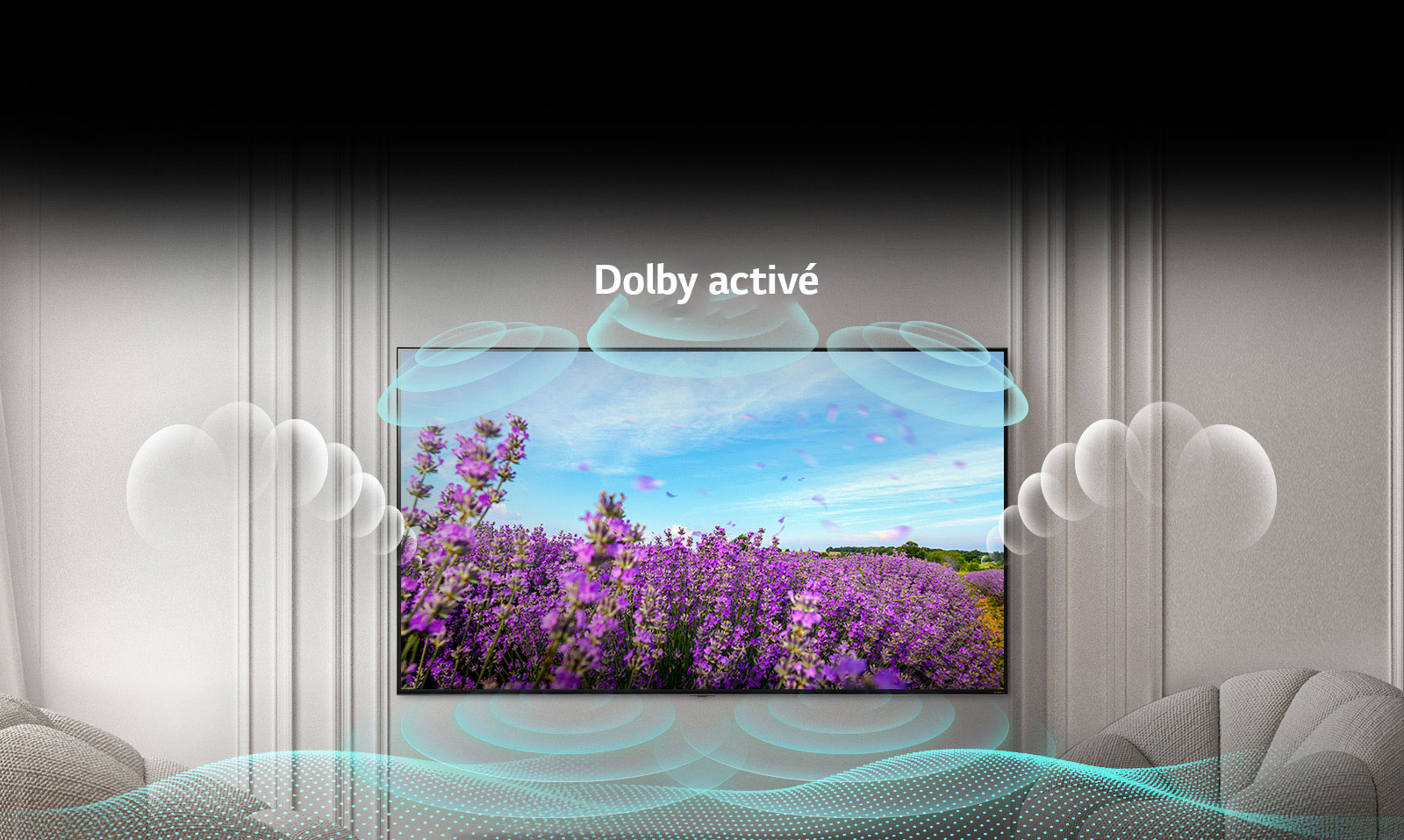 Qned TV 스크린은 여름 필드에서 Pink Rapeseed Flowers를 보여주고 중간에있는 텍스트는 Dolby Off를 나타냅니다. 화면의 이미지가 더 밝아지고 텍스트는 Dolby On으로 대체됩니다