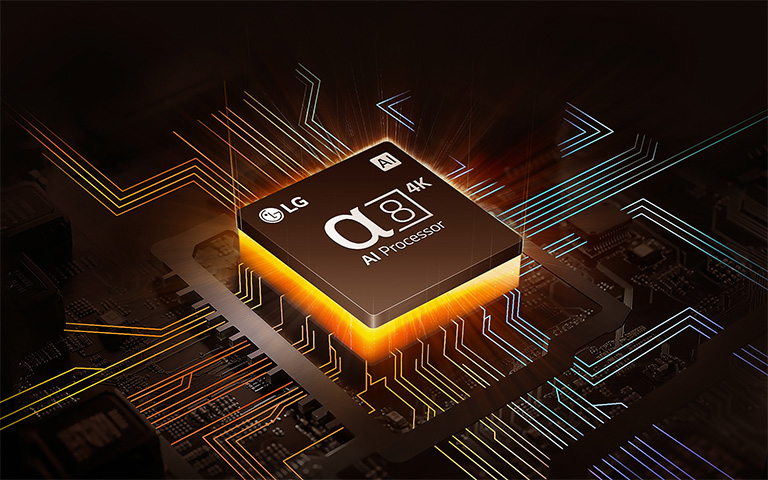 Processeur alpha 8 AI 4K de LG avec une lumière orange émanant du dessous, et des circuits imprimés colorés partant du processeur AI.