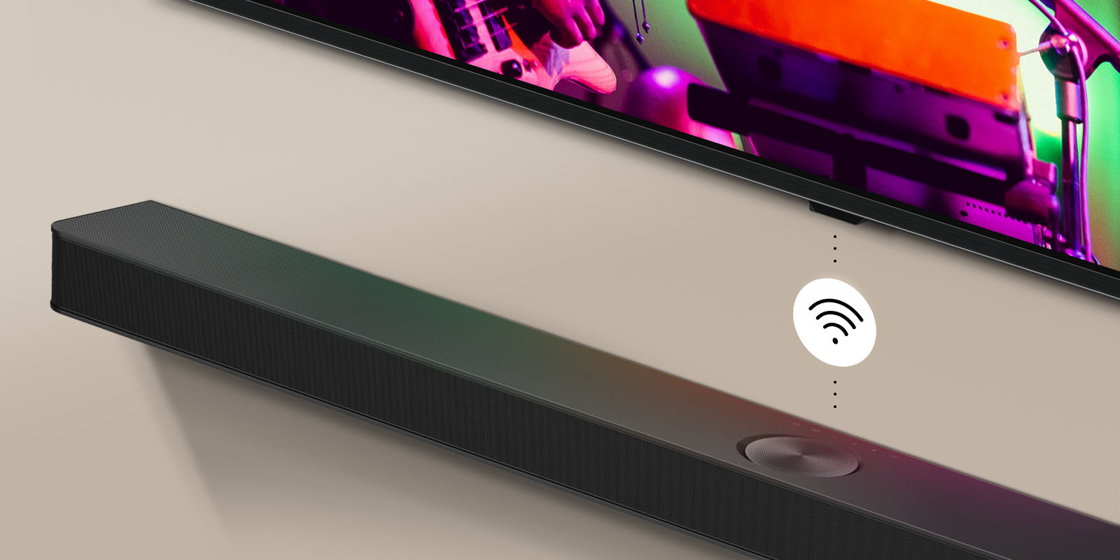 LG TV and LG soundbar mounted on the wall with a white Wi-Fi symbol graphic in the middle.