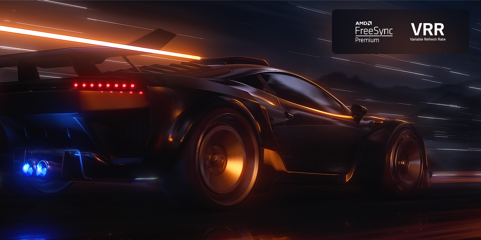 Vidéo floue d'une voiture roulant à vive allure dans un jeu de course. La vidéo est affinée, ce qui permet une action fluide et claire. Logo FreeSync Premium Pro et logo VRR au coin supérieur droit.