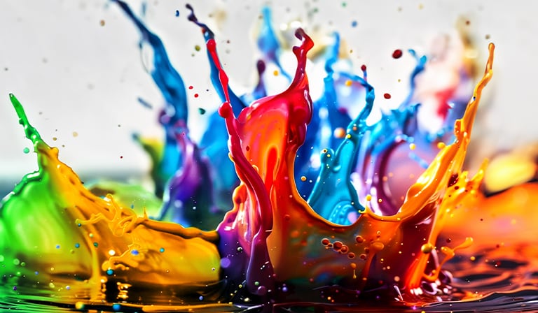 Des éclaboussures de peinture éclatent en hauteur depuis le sol dans diverses couleurs.