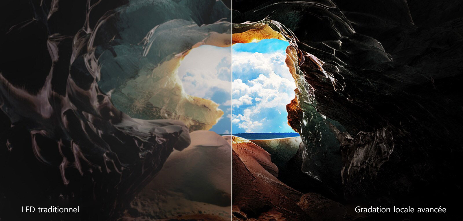Vue de l’intérieur d’une grotte avec une vue vers son entrée donnant sur un ciel bleu et l’horizon. L’ensemble de la scène est divisé en deux pour montrer la capacité de la gradation locale avancée de la QNED. D’un côté, les couleurs et les détails sont délavés et les visuels semblent troubles. L’étiquette indique : « LED traditionnel ». L’autre côté offre des noirs exceptionnels, un contraste, une luminosité et des couleurs améliorés. L’étiquette indique Gradation locale avancée. 