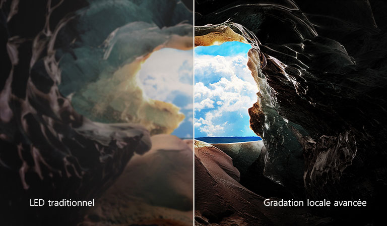 Vue de l’intérieur d’une grotte avec une vue vers son entrée donnant sur un ciel bleu et l’horizon. L’ensemble de la scène est divisé en deux pour montrer la capacité de la gradation locale avancée de la QNED. D’un côté, les couleurs et les détails sont délavés et les visuels semblent troubles. L’étiquette indique : « LED traditionnel ». L’autre côté offre des noirs exceptionnels, un contraste, une luminosité et des couleurs améliorés. L’étiquette indique Gradation locale avancée. 
