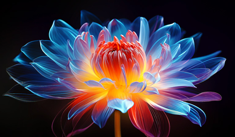 Fleur holographique en 3D dans de nombreuses nuances différentes sur un fond noir. La définition et les détails de la fleur montrent la capacité de la MiniLED de QNED à produire des visuels aux couleurs, à la luminosité et au contraste exceptionnels.