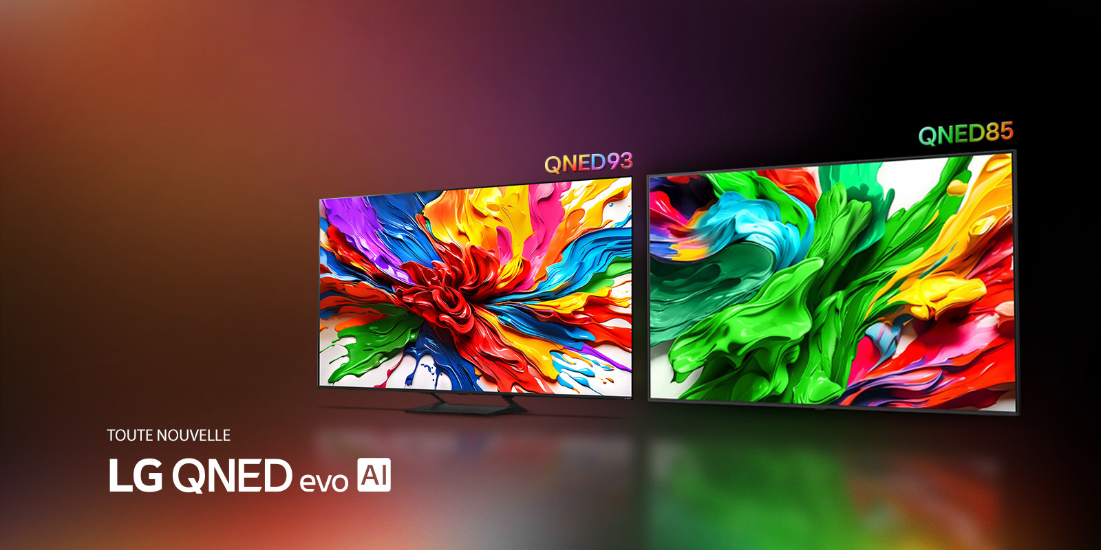 LG TVs présentant à l’écran des œuvres d’art colorées mettant en valeur la nouvelle technologie de reproduction des couleurs éclatantes et dynamiques de LG QNED. Le logo TOUTE NOUVELLE LG QNED evo AI est également présent.