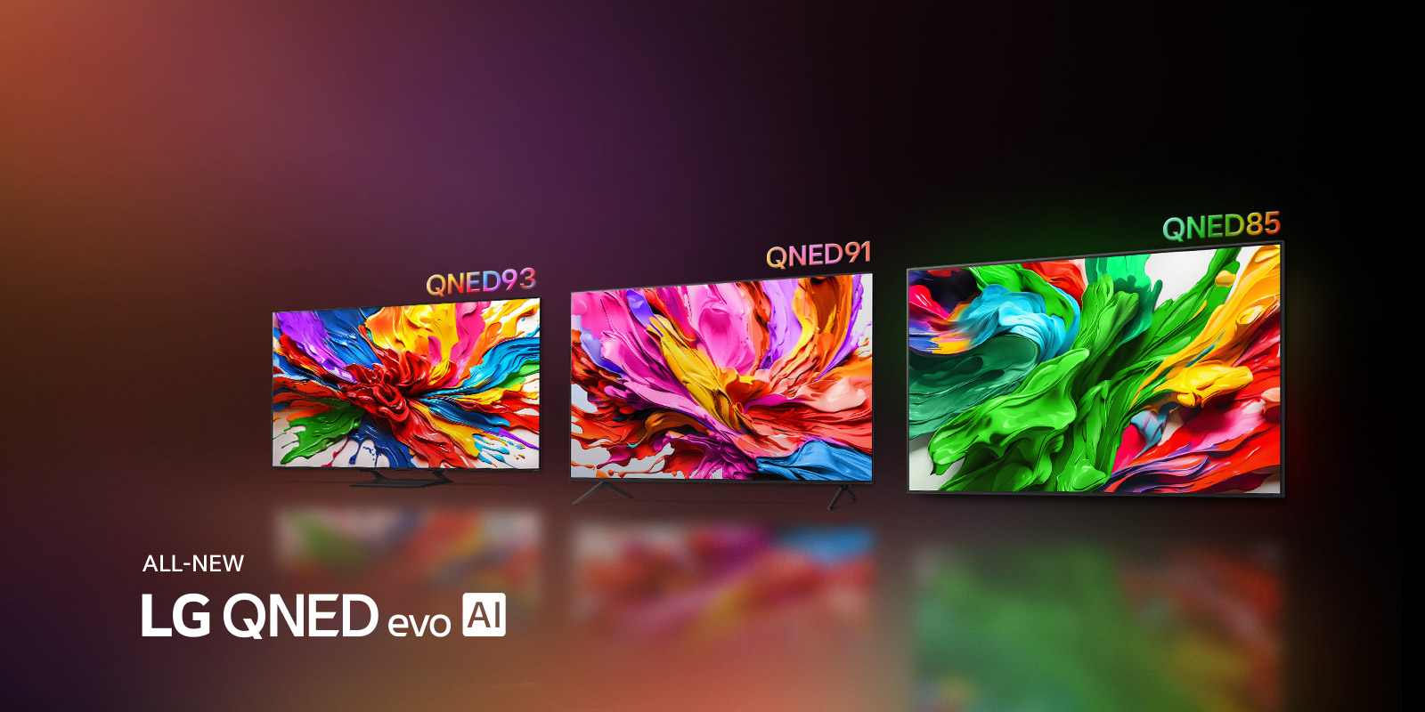 LG TVs présentant à l’écran des œuvres d’art colorées mettant en valeur la nouvelle technologie de reproduction des couleurs éclatantes et dynamiques de LG QNED. Le logo TOUTE NOUVELLE LG QNED evo AI est également présent.