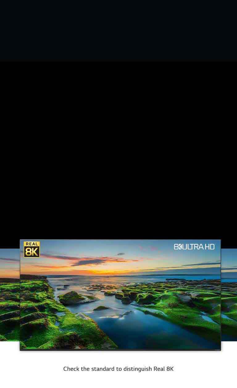 Écran de téléviseur montrant une large vue sur la nature avec les logos de la Real 8K et de la CTA