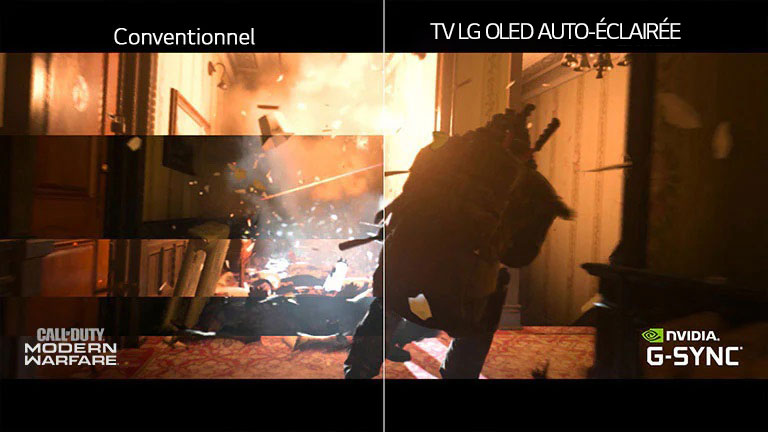 Une scène de jeu diffusée sur un téléviseur classique avec déchirement et une autre moitié de scène diffusée sur un téléviseur OLED de LG sans déchirement