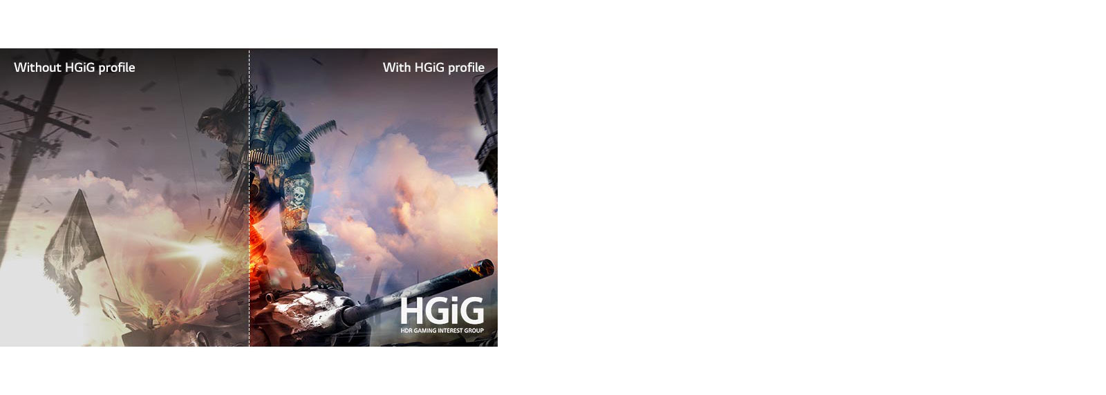 A game scene, half on a LCD/LED TV with poor picture quality, and other half on a LG OLED TV with crisp, vivid picture quality