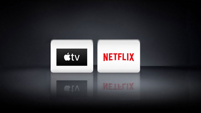 Logos de deux applications affichés de gauche à droite : Apple TV et Netflix.