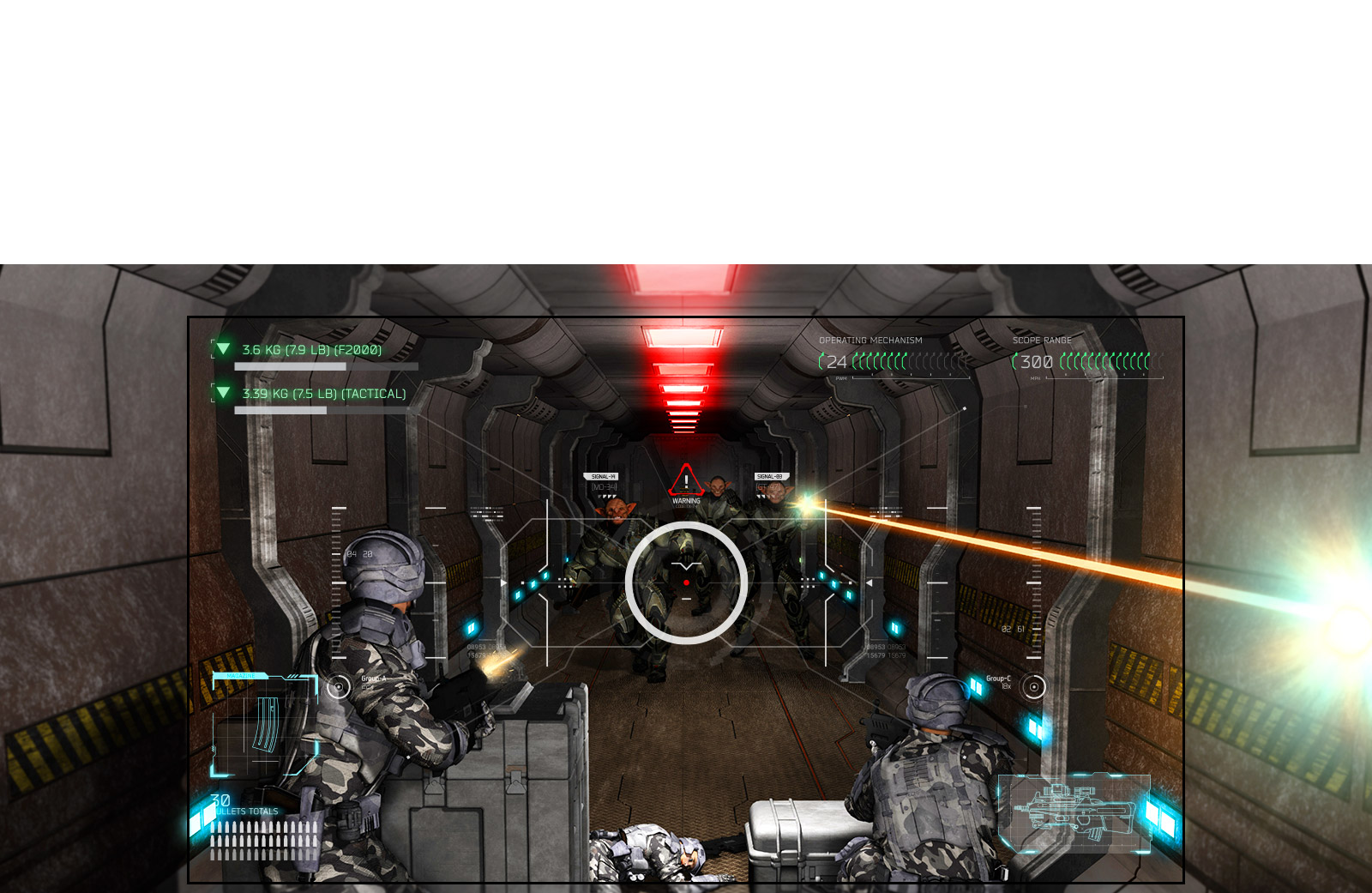 Téléviseur montrant une scène d'un jeu de tir où le joueur reçoit des armes supplémentaires des aliens.
