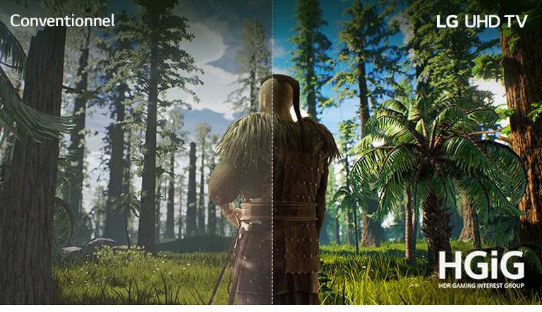 TV screen showing a game scene with the man standing in the middle of a forest. Half is shown on a conventional screen with poor picture quality. Other half is shown on LG UHD TV screen with crisp, vivid picture quality.