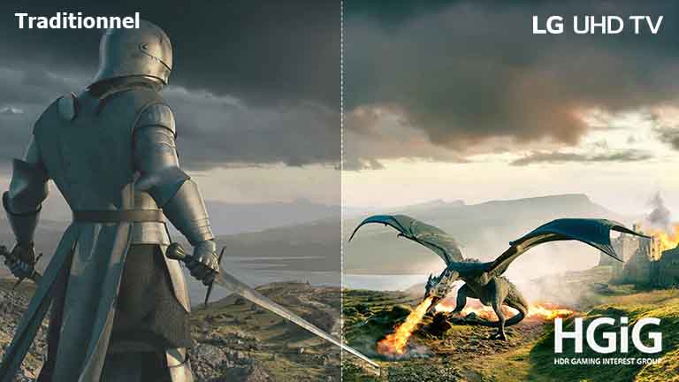 Un chevalier en armure avec une épée et un dragon crachant du feu se font face. Sur l’image, figure un texte Conventionnel en haut à gauche, téléviseur UHD LG en haut à droite, et le logo HGiG en bas à droite.