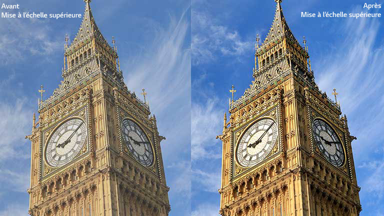 Une image de Big Ben à droite accompagnée du texte « Après mise à l’échelle supérieure » présente une image plus nette et plus claire que la même image à gauche accompagnée du texte « Avant mise à l’échelle supérieure ».