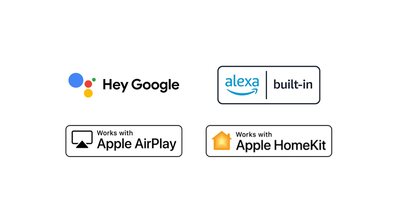 Détails montrant les logos de Hey Google, Alexa, Apple Airplay et Apple HomeKit avec lesquels ThinQ AI est compatible.