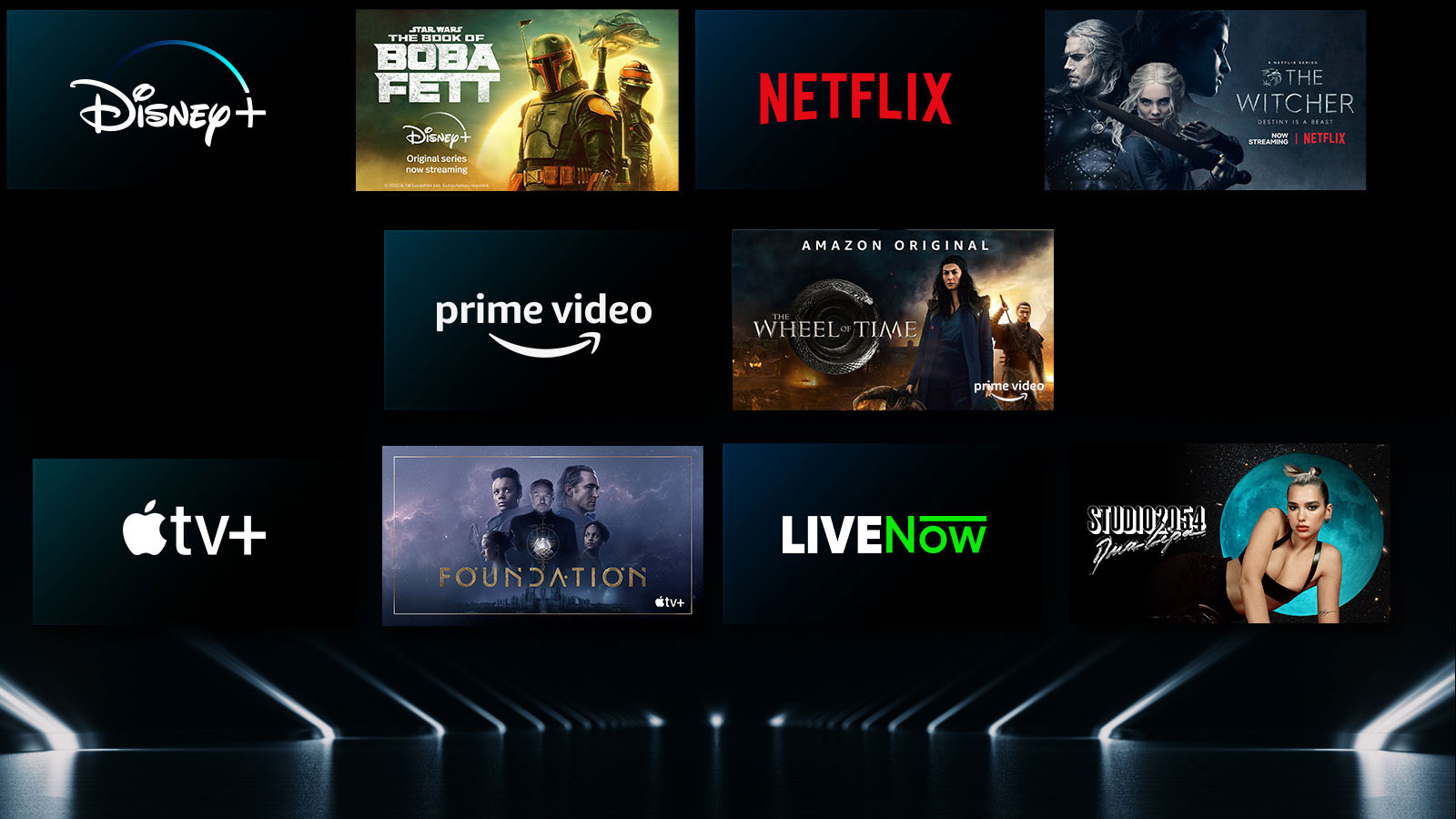 Image montrant divers services OTT avec leurs émissions respectives à côté de chaque logo.