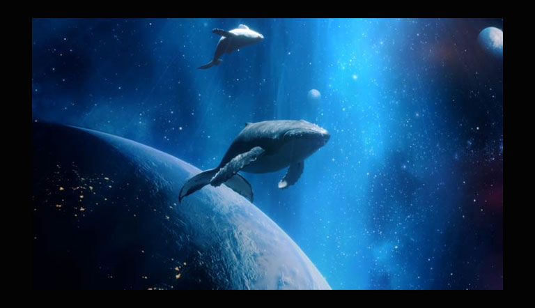 Dos ballenas nadan en una galaxia azulada entre planetas. El video se aleja lentamente para revelar un televisor LG UHD en una acogedora sala de estar.