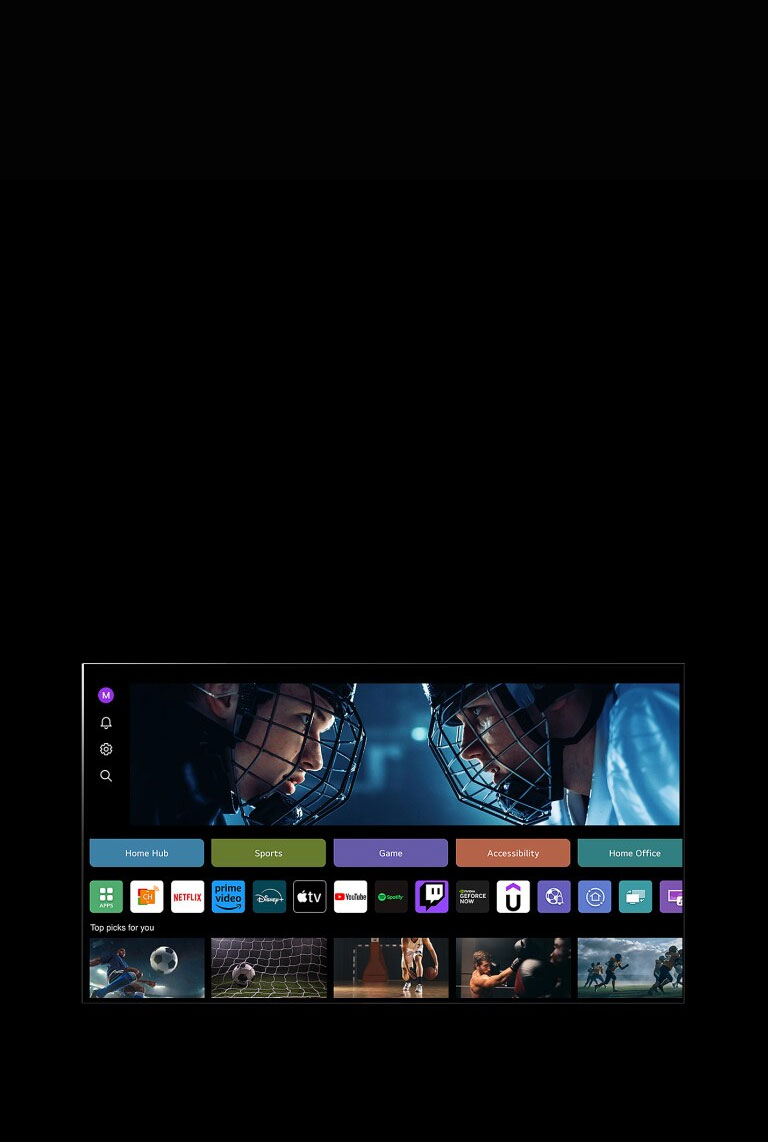 La pantalla de un televisor LG muestra la pantalla de Mi perfil. En el tercio superior, un banner de Tangible Wonders. Debajo del banner, se muestran los siguientes botones: Home Hub, Deportes, Juegos, Accesibilidad, Home Office. Debajo de los botones, se muestran los siguientes logotipos: LG Channels, Netflix, Prime Video, Disney+, Apple TV, YouTube, Spotify, Twitch, GeForce Now y Udemy. Debajo de los logotipos, se muestran 5 miniaturas de películas debajo del texto "Las mejores opciones para ti". Un cursor hace clic en la "S" inicial en la esquina superior izquierda. Se abre un menú desplegable de Cuenta LG y se muestran cinco nombres. El cursor hace clic en el segundo nombre mientras las miniaturas y los contenidos recomendados en la pantalla cambian.