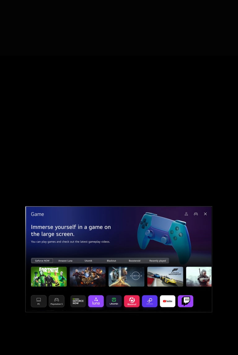 Un cursor hace clic en Deportes y la pantalla se desvanece en una página de inicio de Deportes con el texto "Registra tu equipo/jugador favorito para obtener más información sobre la clasificación de la liga, los horarios de los juegos o cualquier otra actualización" y "Lista de ligas populares". Cinco miniaturas están etiquetadas como Fútbol, ​​Baloncesto, Béisbol, Críquet y Hockey sobre hielo. La pantalla se desvanece, el cursor hace clic en Juego y la pantalla se desvanece en una página de inicio de Juego con el texto "Sumérgete en un juego en la pantalla grande. Puedes jugar juegos y ver los últimos videos de juegos". La imagen muestra botones etiquetados como Geforce NOW, Amazon Luna, Utomik, Blacknut, Boosteroid y Jugados recientemente. Se muestran los siguientes logotipos: GeForce Now, Amazon Luna, Utomik, Blacknut, Boosteroid, YouTube y Twitch.