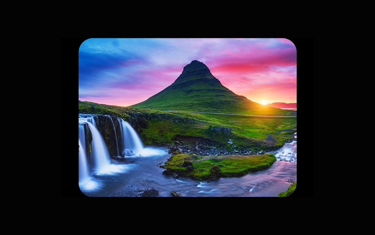 A gallery featuring 6 images of hot air balloons in the sky are shown. Two images are selected. Next, a gallery featuring 6 images of people blowing bubbles appears. 2 more are selected. A black screen appears with a pink and purple loading icon. A mystical landscape appears, and refinements appear gradually from left to right.	