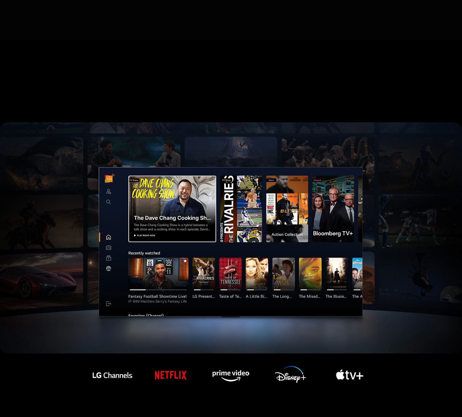 En primer plano, un televisor LG muestra una selección de miniaturas de películas y programas de televisión. En la imagen se puede leer el texto "Action Collection", "Bloomberg TV+" y "Recently seen". El espacio que hay delante del televisor está ligeramente iluminado, como si lo hiciera la luz del televisor. Detrás del televisor, en la oscuridad, hay más miniaturas de películas y programas de televisión.